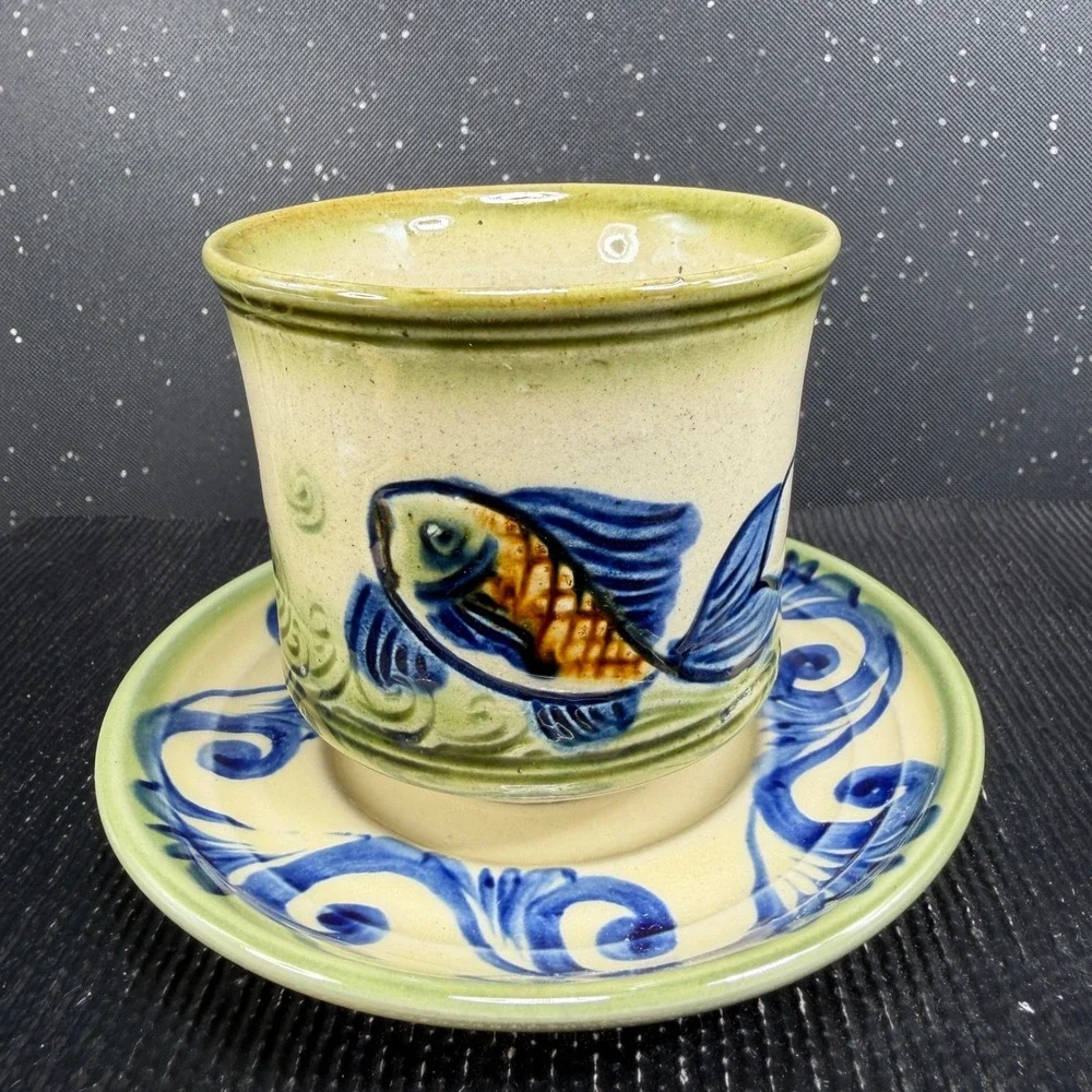 Tsuboya Ware Yachimun Japanese Pottery Fish Cups and Plates Set 6pc Okinawan